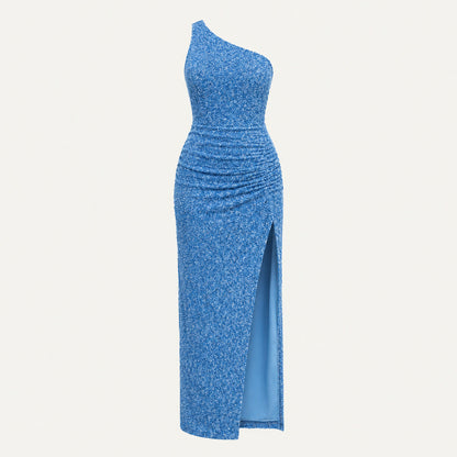 Sequin One Shoulder Ruched Maxi Dress