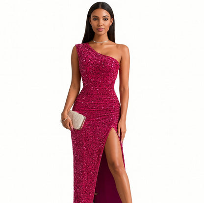 Sequin One Shoulder Ruched Maxi Dress