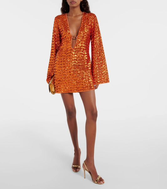 Sequin Long Bell Sleeve Plunge Mini Dress