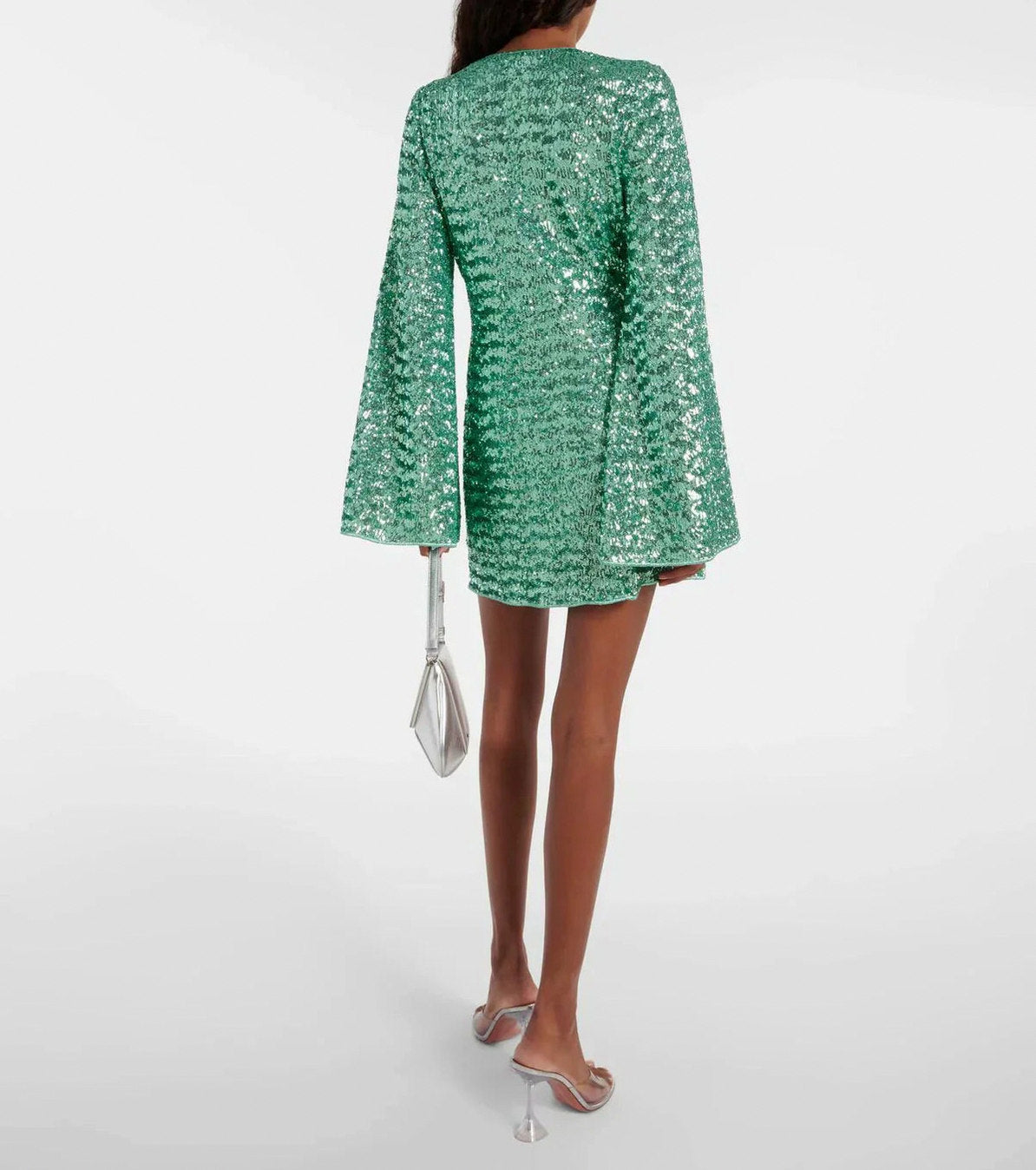 Sequin Long Bell Sleeve Plunge Mini Dress
