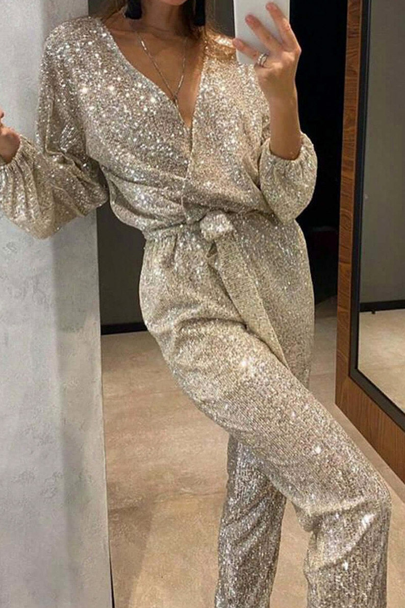 Sequin Tie Waist Long Sleeve Jumpsuit