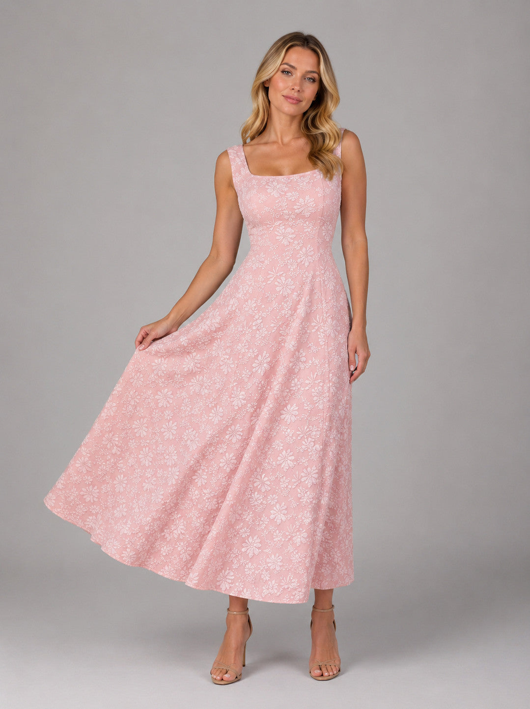 Square Neck Floral Lace Maxi Dress