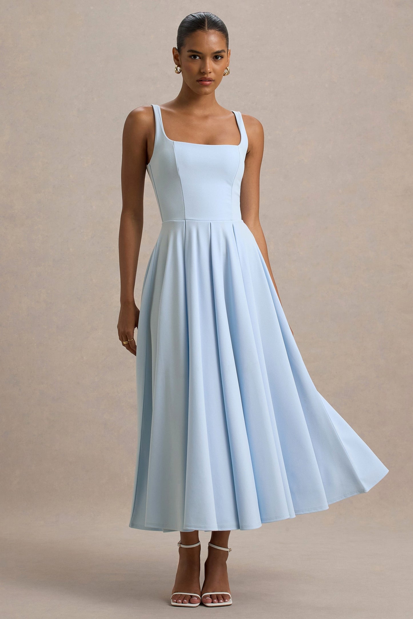 Square Neck Pleated Midi Dress