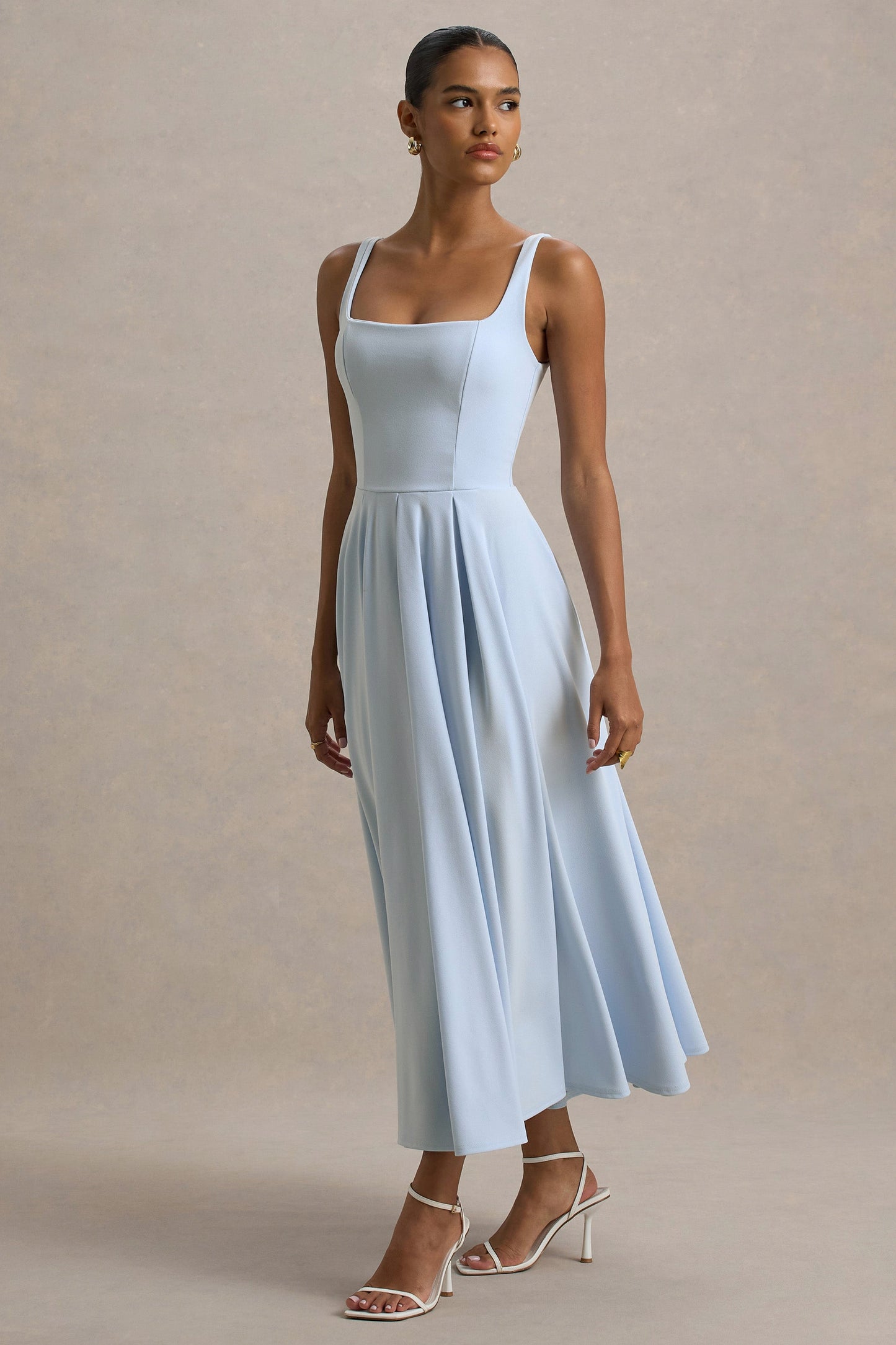 Square Neck Pleated Midi Dress