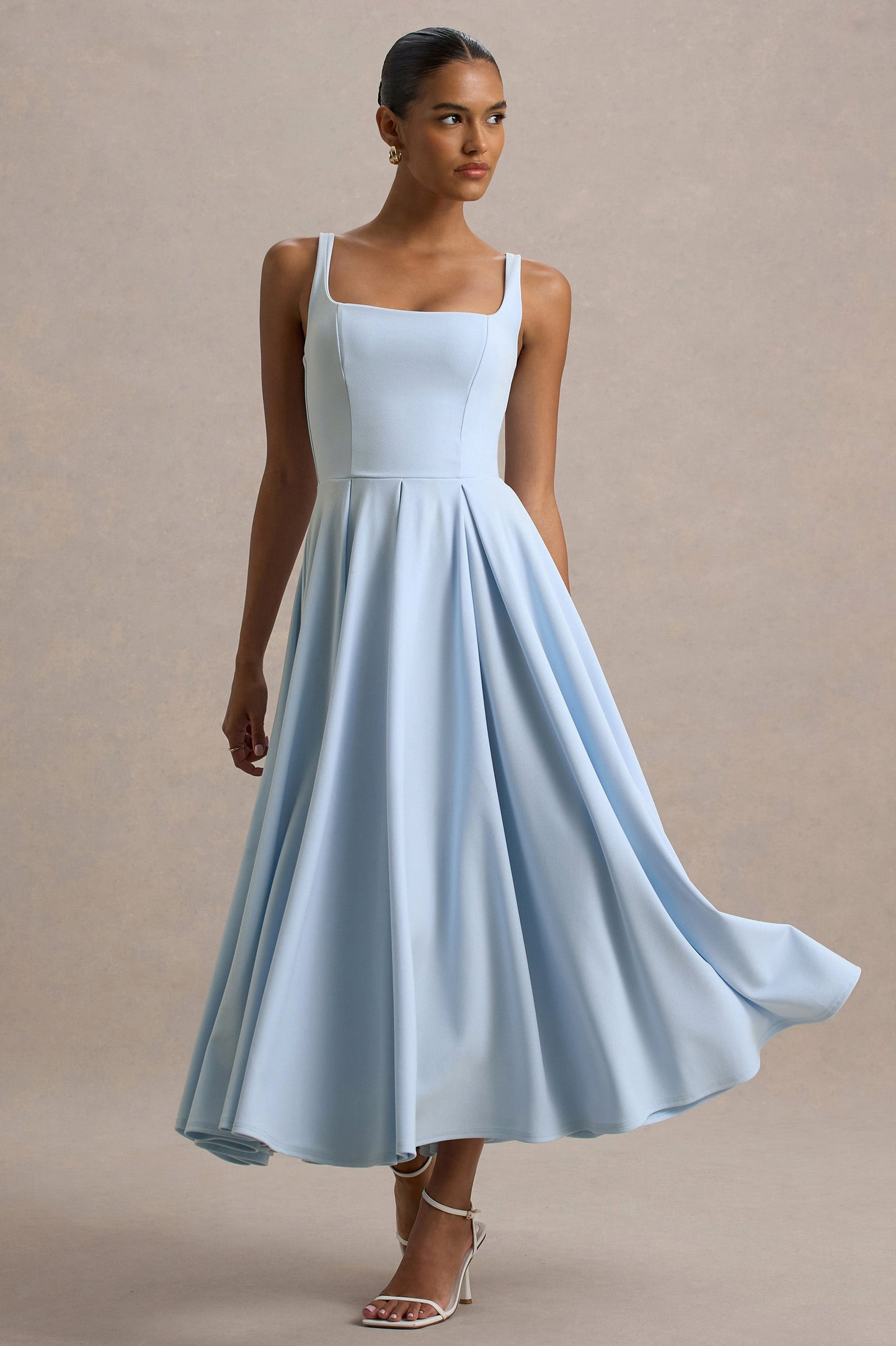 Square Neck Pleated Midi Dress