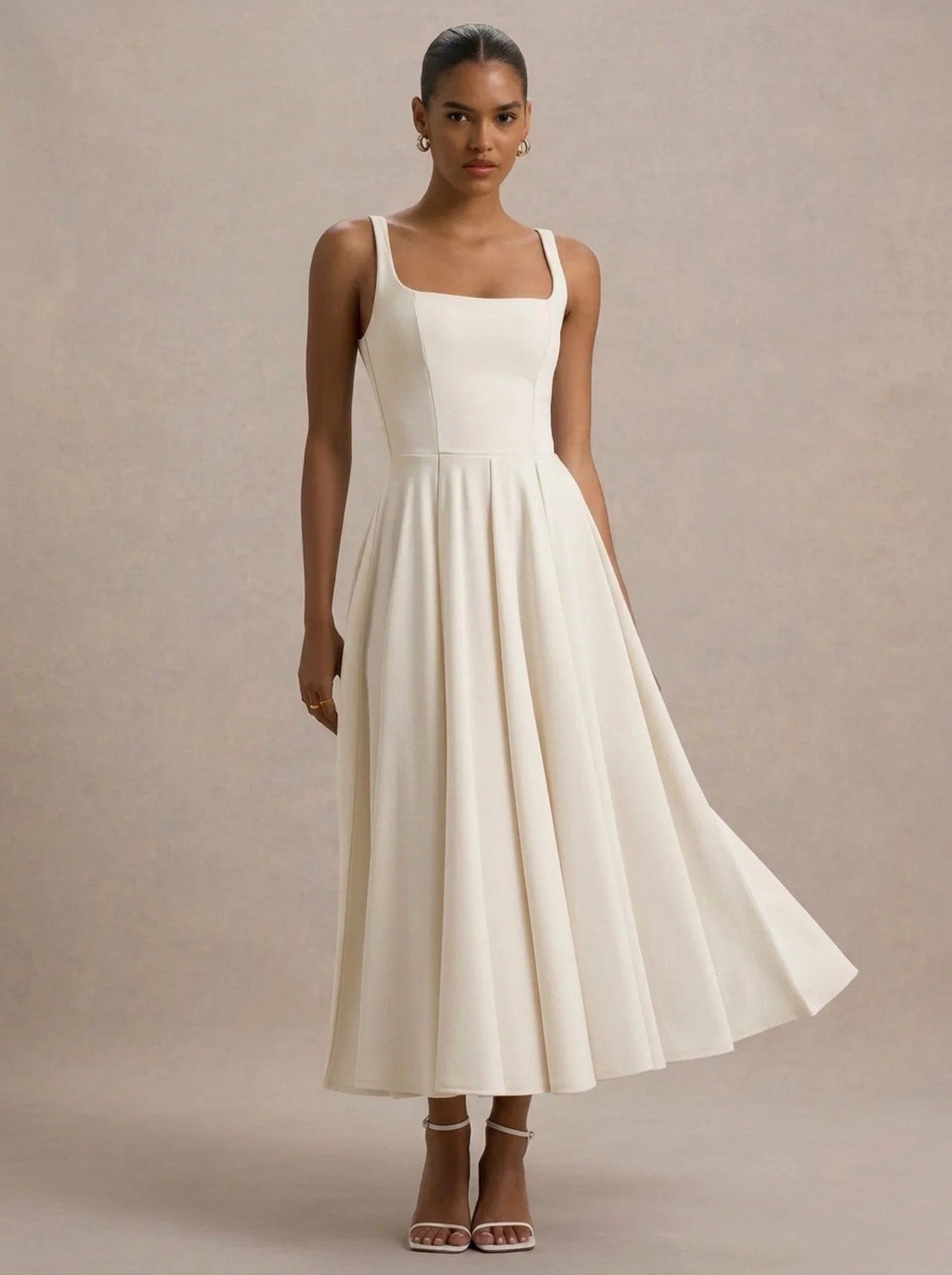 Square Neck Pleated Midi Dress