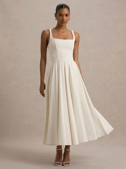 Square Neck Pleated Midi Dress