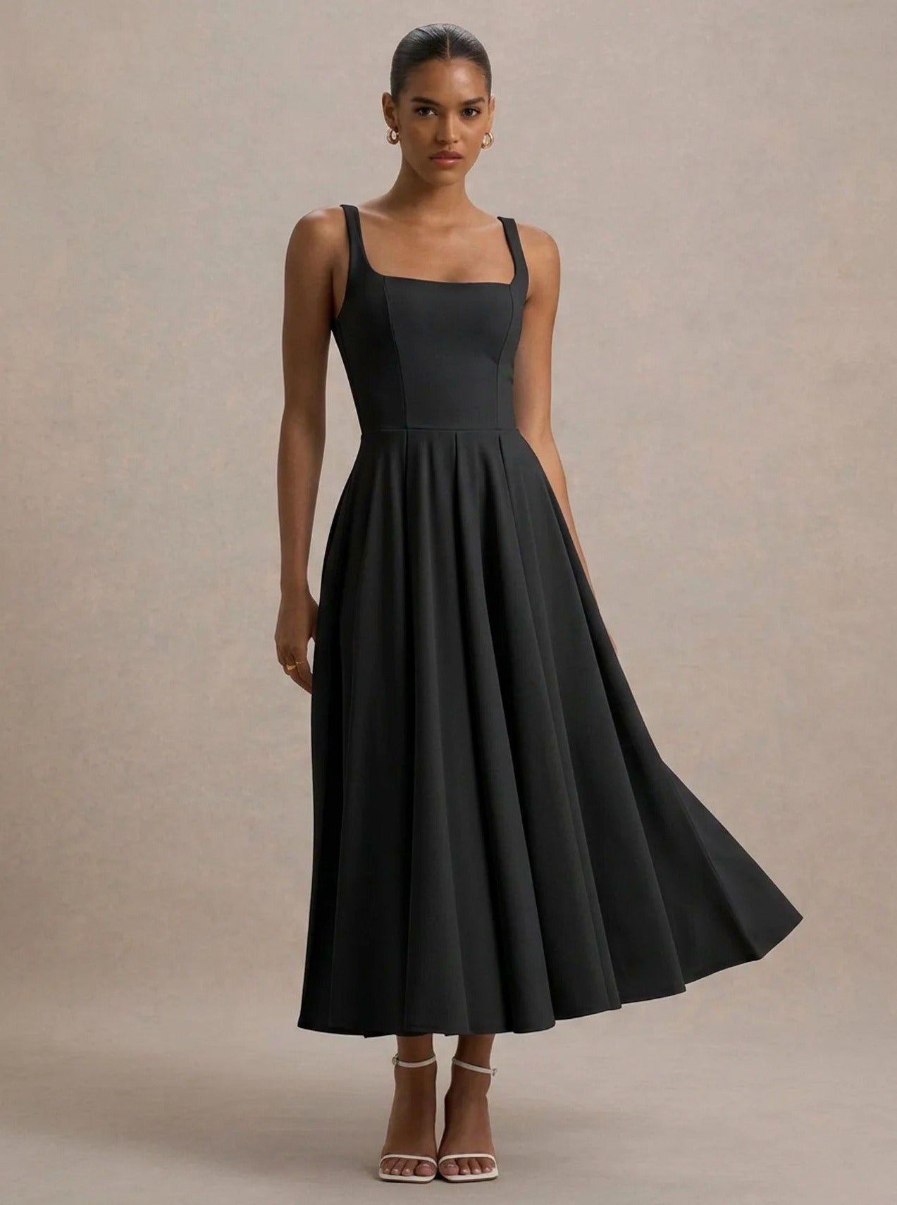Square Neck Pleated Midi Dress