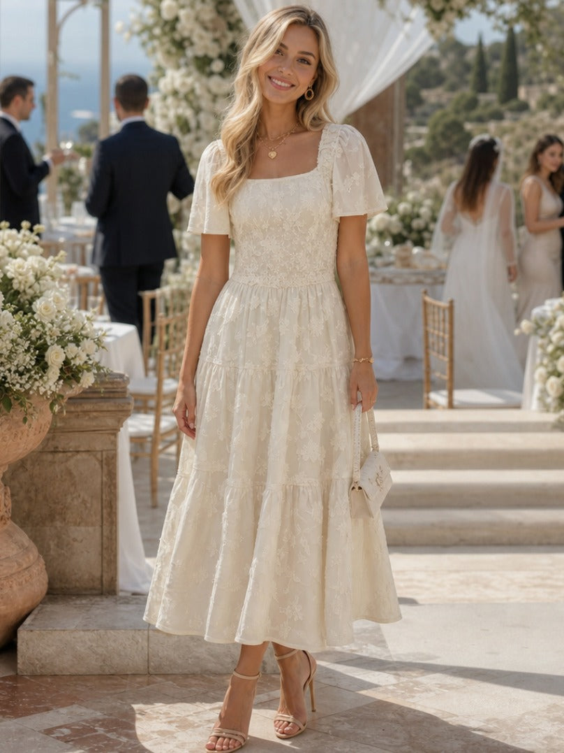 Square Neck Tiered Midi Dress