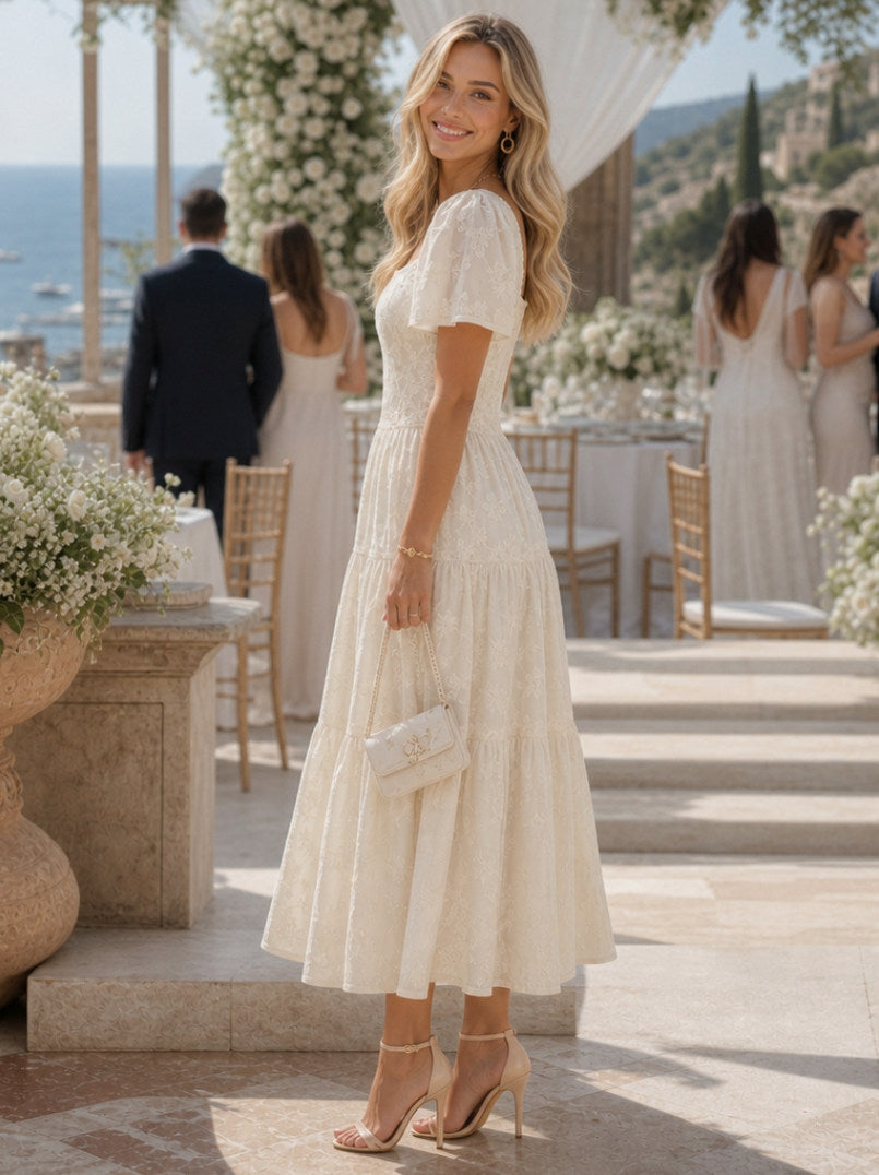 Square Neck Tiered Midi Dress
