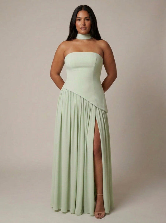 Strapless Drop Waist Pleated Maxi Dress