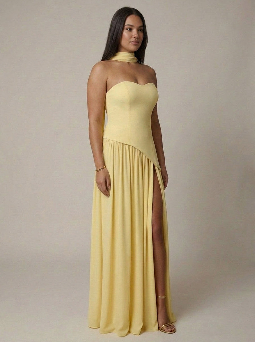 Strapless Drop Waist Pleated Maxi Dress