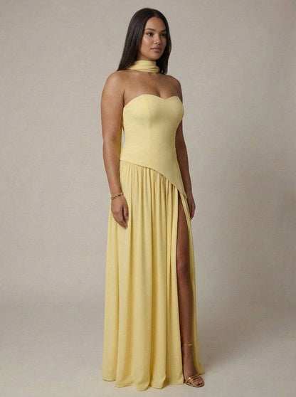 Strapless Drop Waist Pleated Maxi Dress