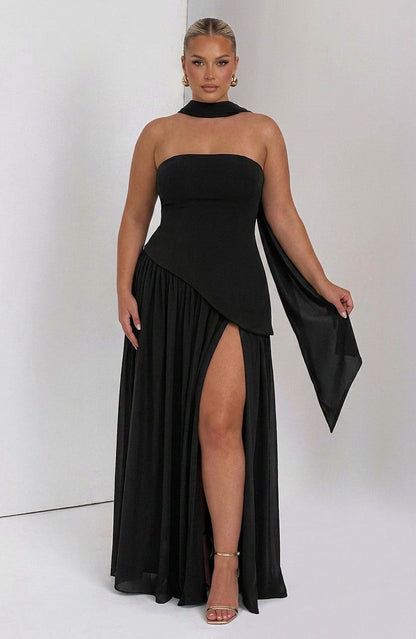 Strapless Drop Waist Pleated Maxi Dress