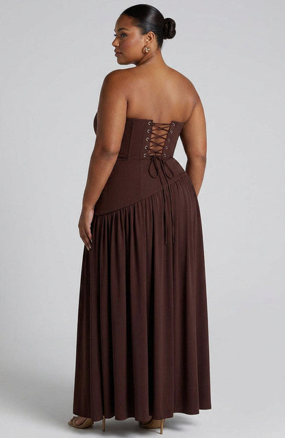 Strapless Drop Waist Pleated Maxi Dress