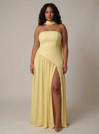 Strapless Drop Waist Pleated Maxi Dress