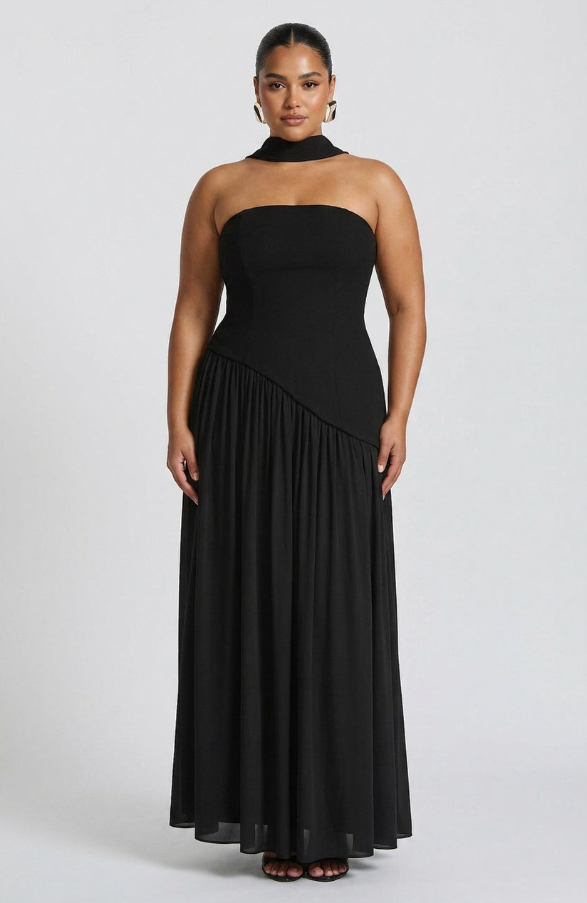 Strapless Drop Waist Pleated Maxi Dress
