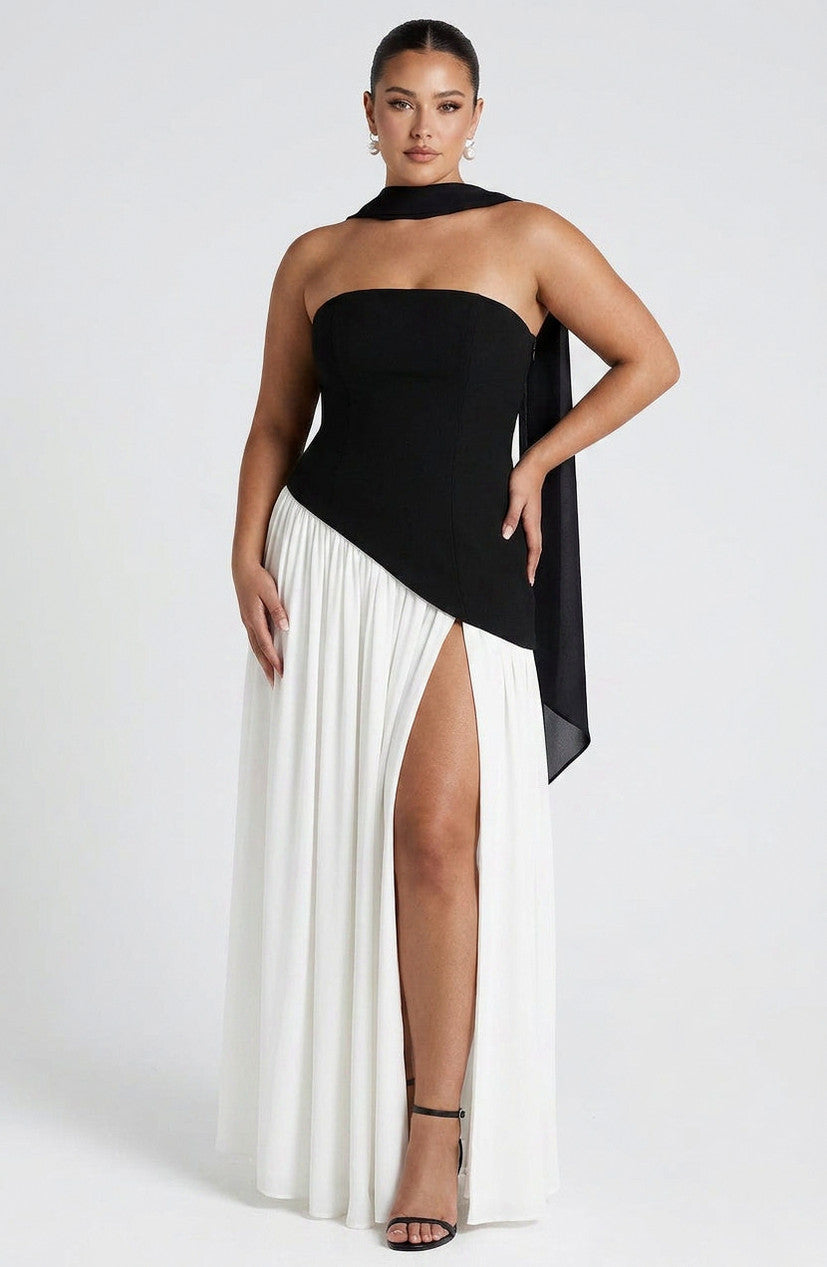 Strapless Drop Waist Pleated Maxi Dress