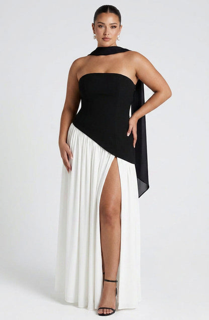 Strapless Drop Waist Pleated Maxi Dress
