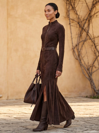 Suede Belted Fluted Maxi Dress