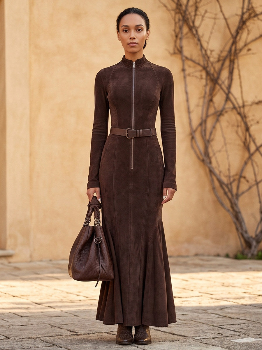 Suede Belted Fluted Maxi Dress