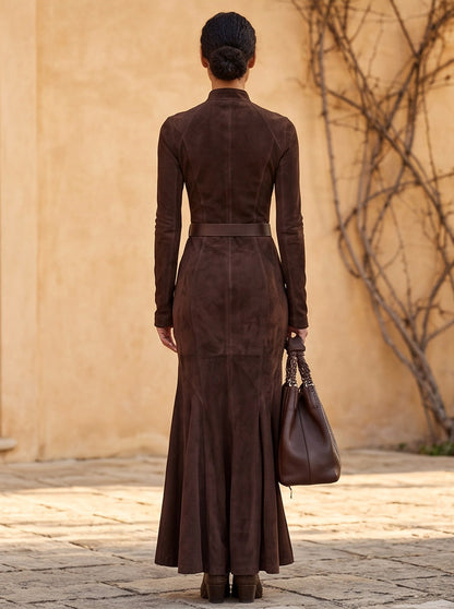 Suede Belted Fluted Maxi Dress