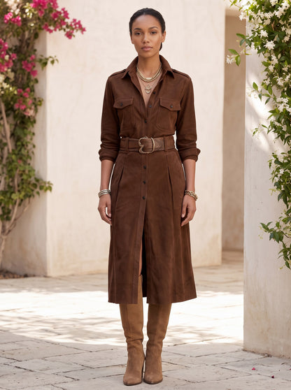Suede Button Front Midi Shirt Dress