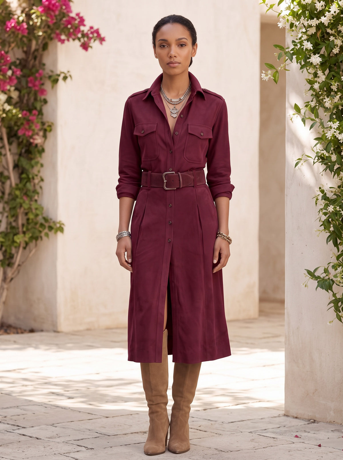 Suede Button Front Midi Shirt Dress