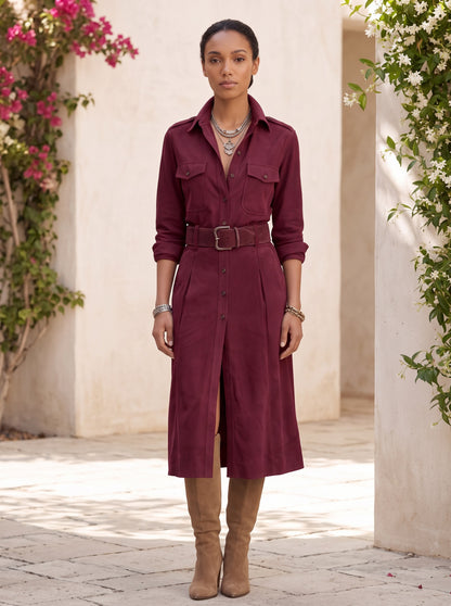 Suede Button Front Midi Shirt Dress