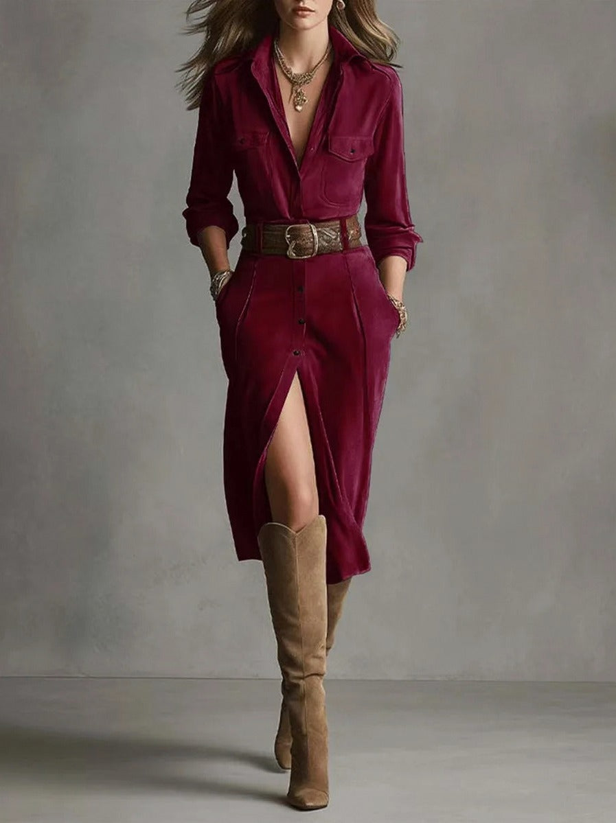 Suede Button Front Shirt Dress