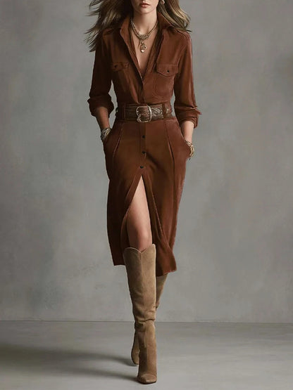 Suede Button Front Shirt Dress