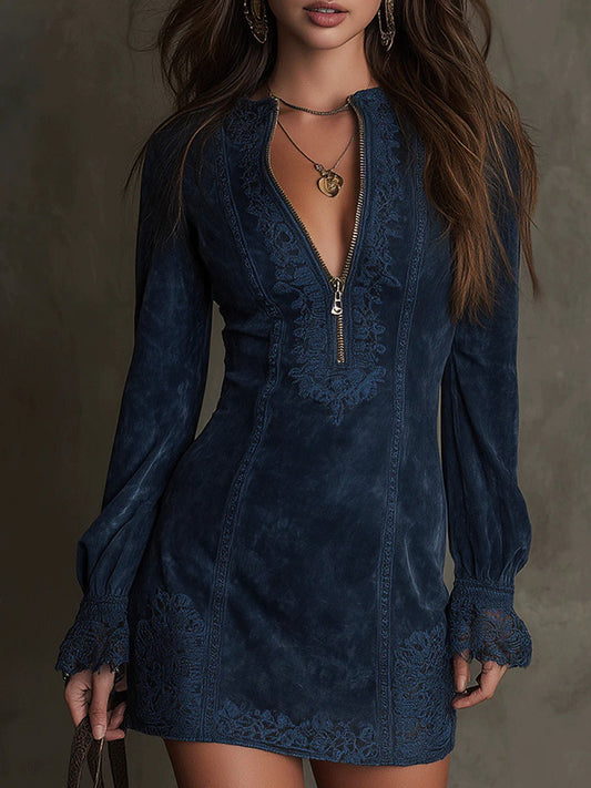 Suede Lace Trim Half Zip Mini Dress