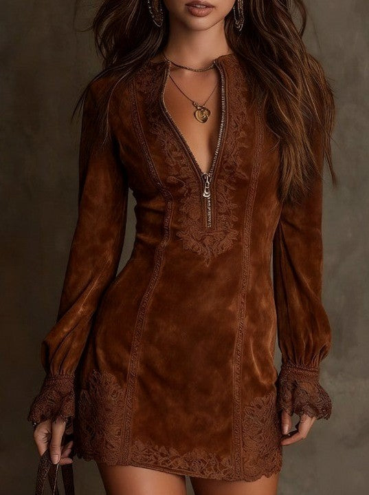 Suede Lace Trim Half Zip Mini Dress
