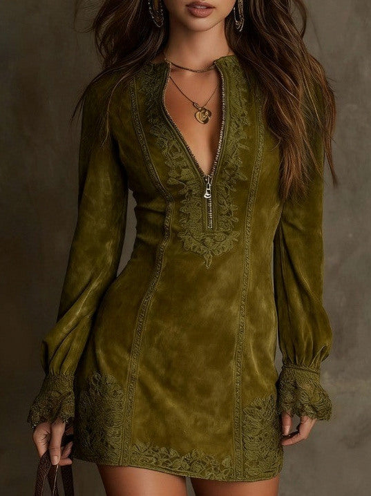 Suede Lace Trim Half Zip Mini Dress