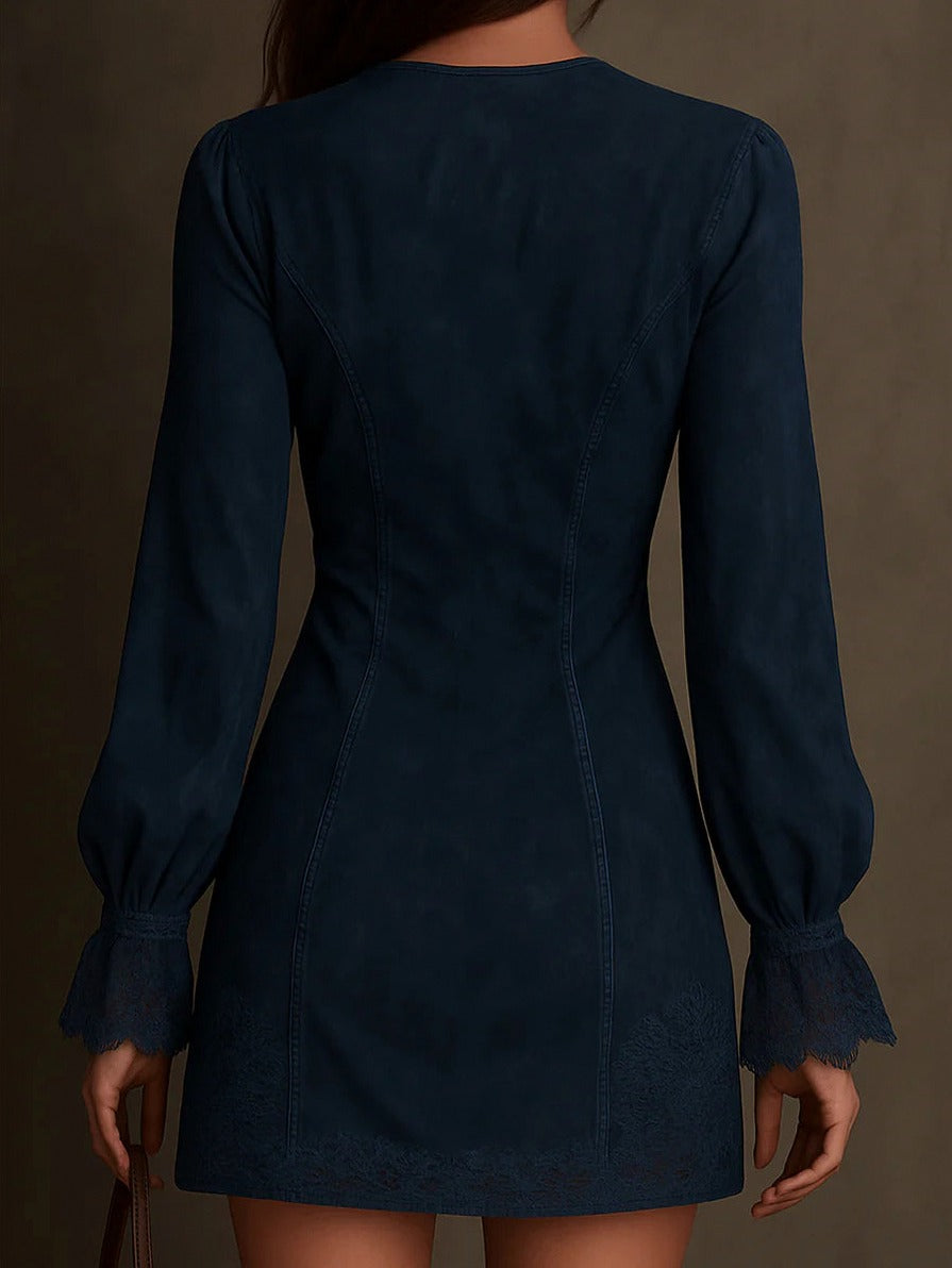 Suede Lace Trim Half Zip Mini Dress