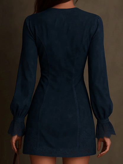 Suede Lace Trim Half Zip Mini Dress
