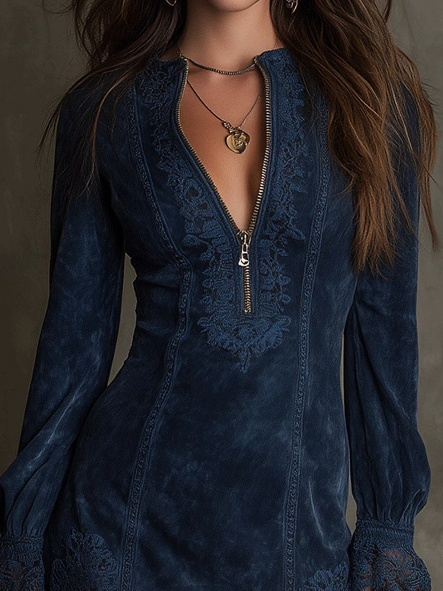 Suede Lace Trim Half Zip Mini Dress