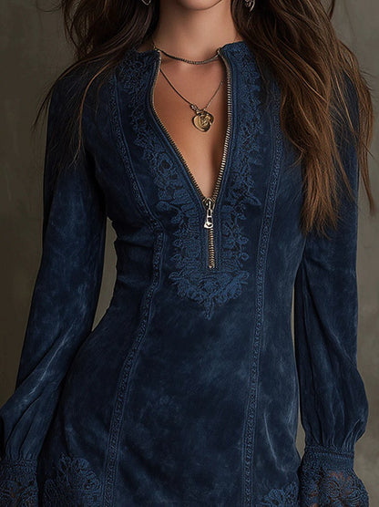 Suede Lace Trim Half Zip Mini Dress