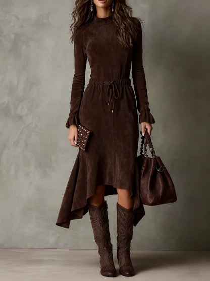 Suede Long Sleeve Tie Waist Midi Dress