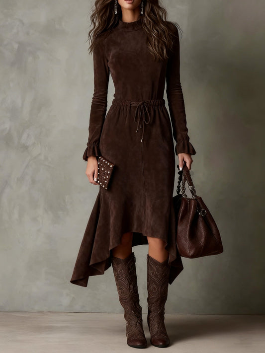 Suede Long Sleeve Tie Waist Midi Dress