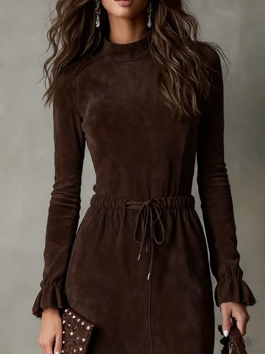 Suede Long Sleeve Tie Waist Midi Dress
