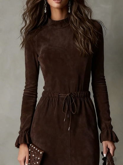 Suede Long Sleeve Tie Waist Midi Dress