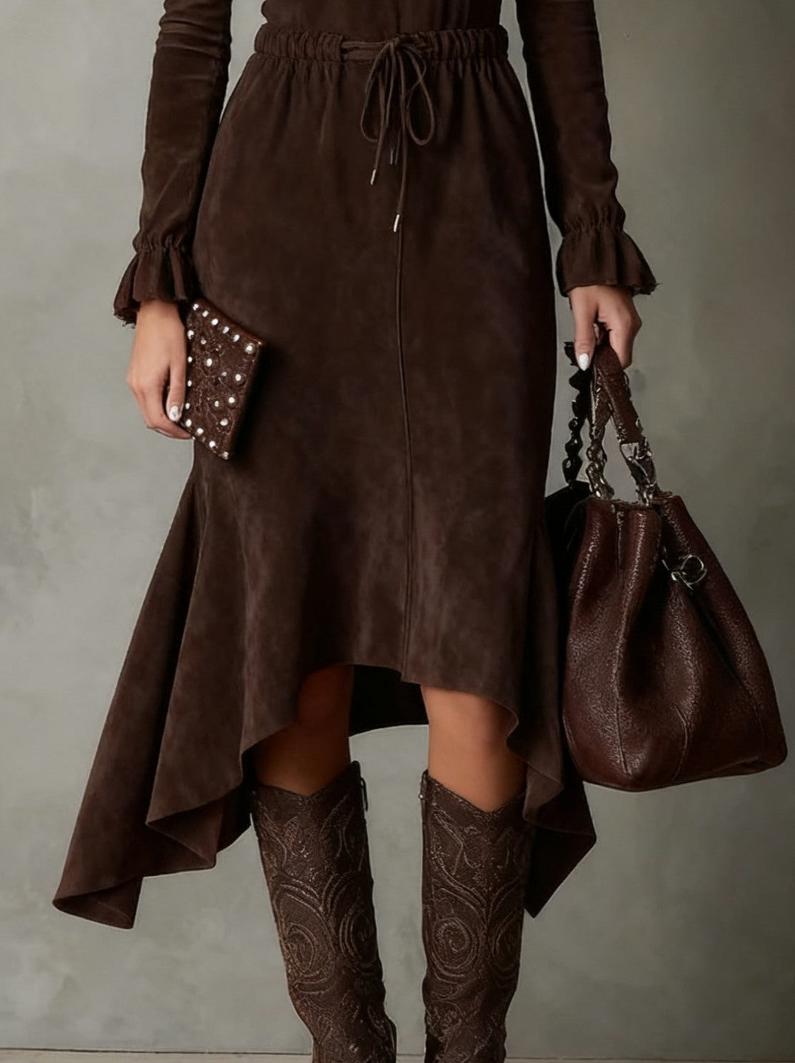 Suede Long Sleeve Tie Waist Midi Dress