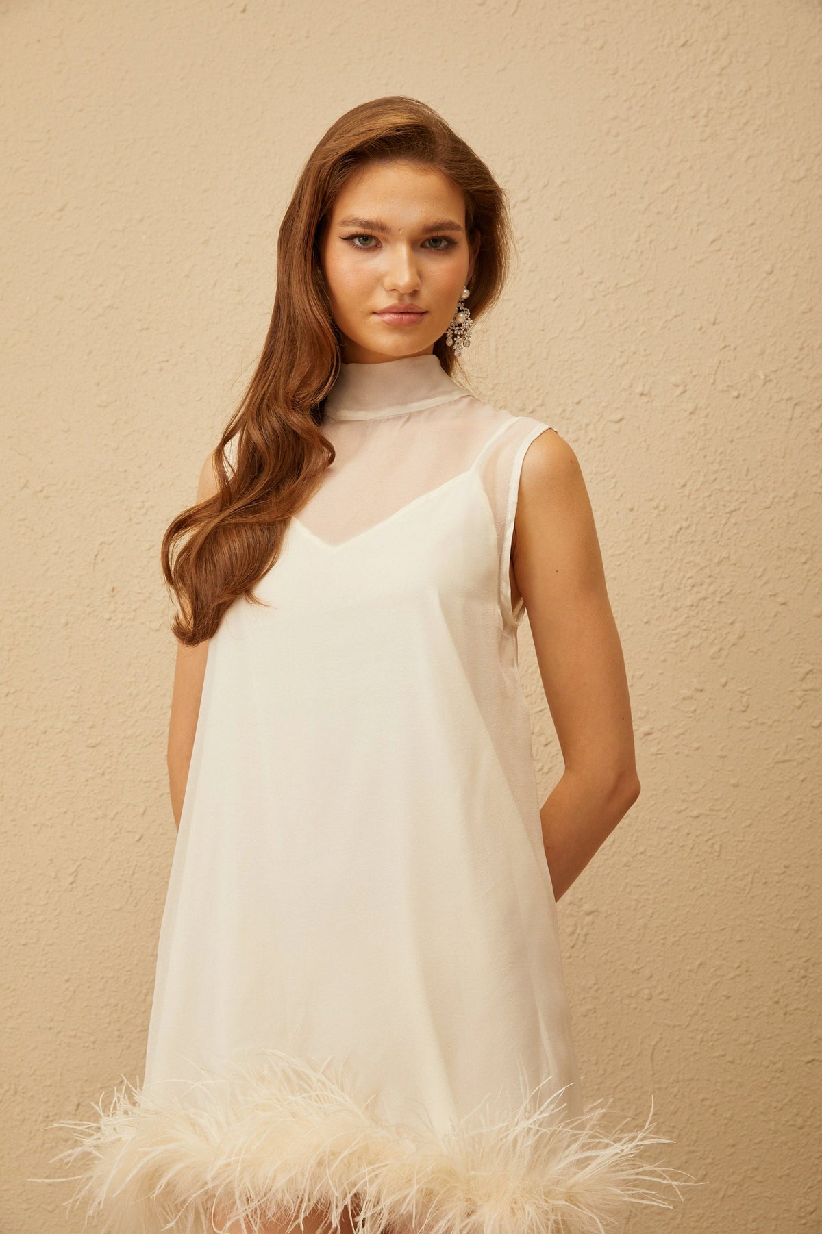 Sleeveless Feather Trim Tie Back Mini Dress