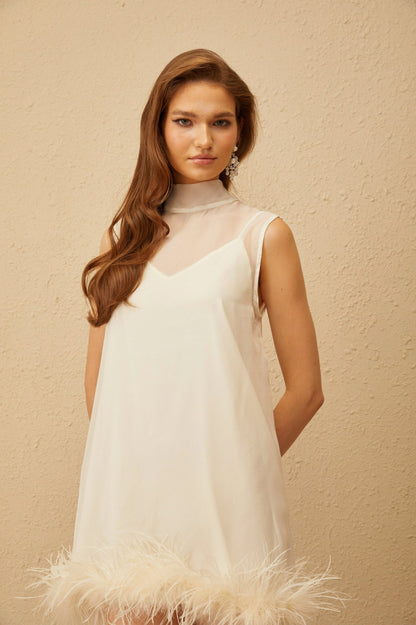 Sleeveless Feather Trim Tie Back Mini Dress