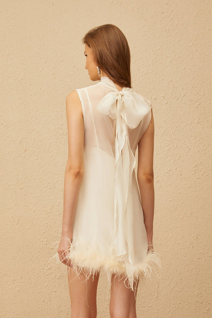 Sleeveless Feather Trim Tie Back Mini Dress