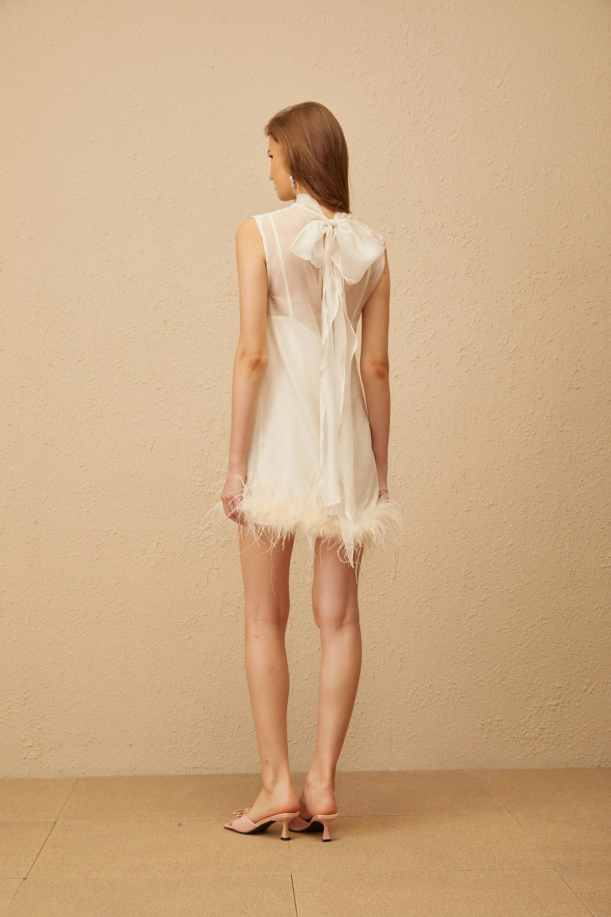 Sleeveless Feather Trim Tie Back Mini Dress