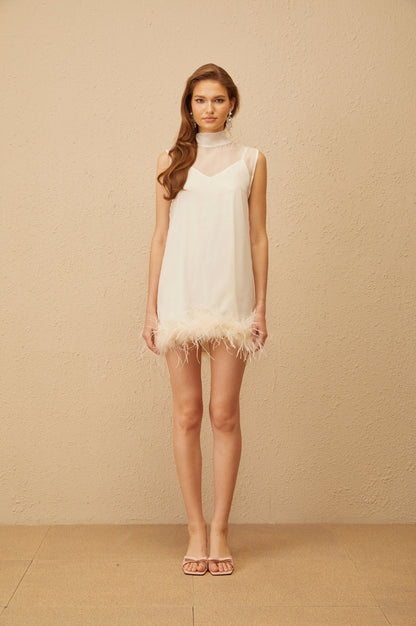 Sleeveless Feather Trim Tie Back Mini Dress