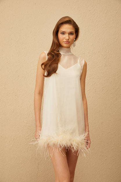 Sleeveless Feather Trim Tie Back Mini Dress