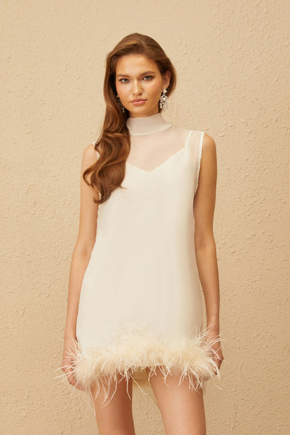 Sleeveless Feather Trim Tie Back Mini Dress